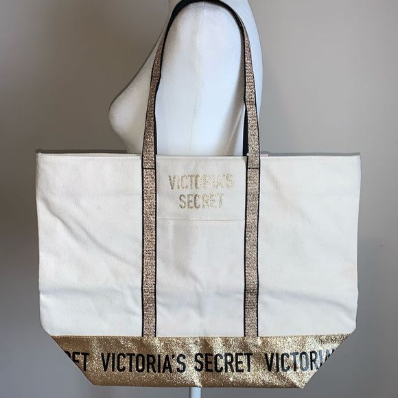 Victorias Secret Tote Beach Bag Large New Zip Canvas Cream Beige Gold Glitter - Picture 1 of 7